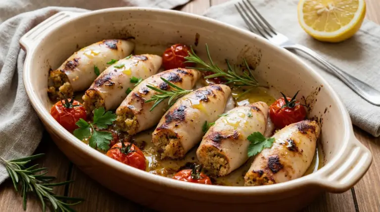 Calamari ripieni al forno con pomodorini e erbe aromatiche in una pirofila su tavolo di legno