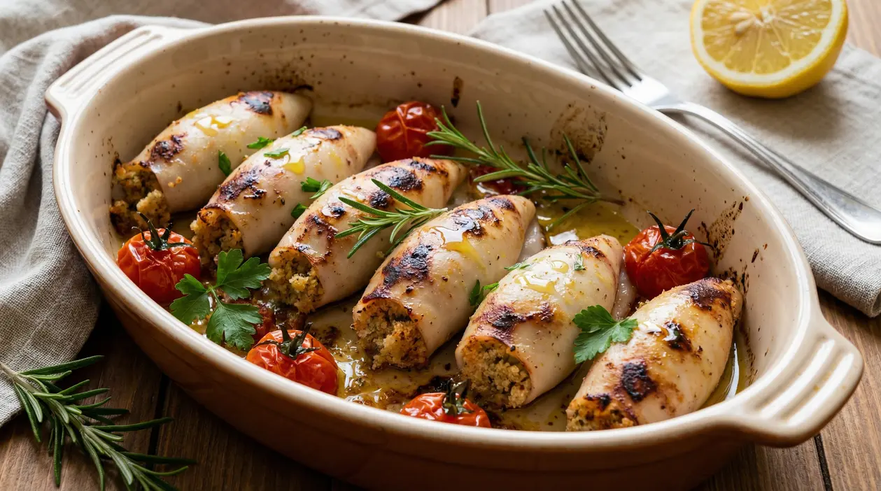 Calamari ripieni al forno con pomodorini e erbe aromatiche in una pirofila su tavolo di legno