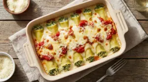 Cannelloni vegetariani con ripieno di ricotta e spinaci in teglia da forno