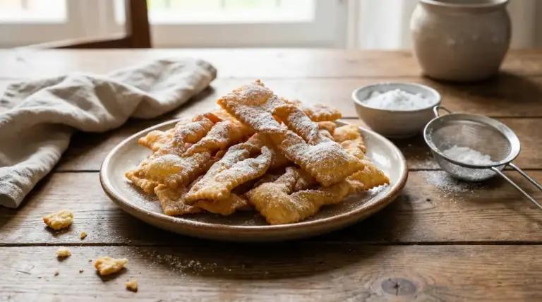 Piatto di chiacchiere ricoperte di zucchero a velo su tavolo rustico in legno