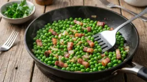 Padella con piselli surgelati cucinati con cipolla e pancetta su tavolo in legno