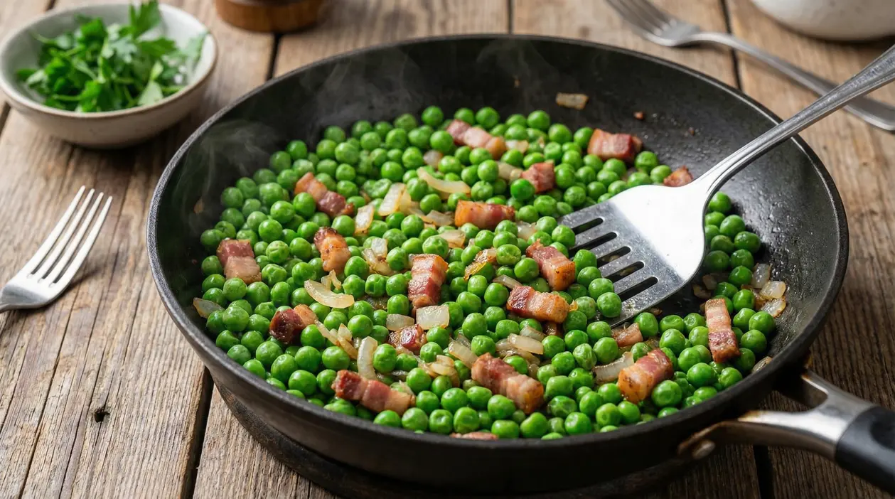 Padella con piselli surgelati cucinati con cipolla e pancetta su tavolo in legno