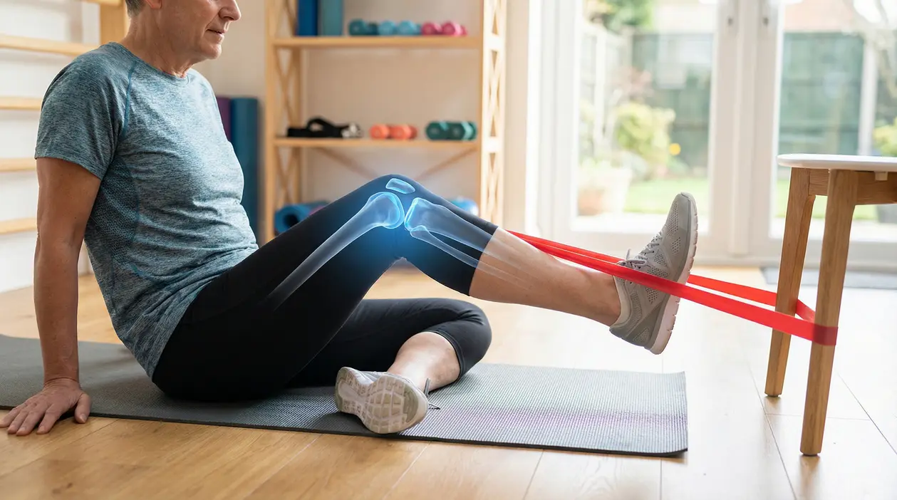 Persona che esegue un esercizio per il ginocchio con elastico su tappetino da yoga