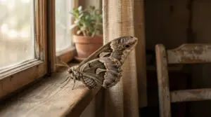 Grande falena posata su un davanzale di legno accanto a una finestra