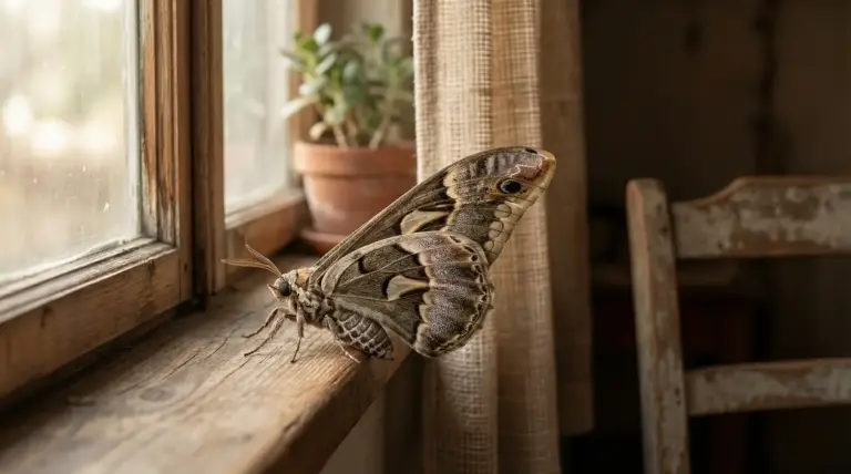 Grande falena posata su un davanzale di legno accanto a una finestra
