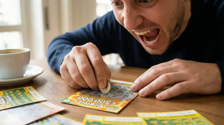 Persona grattando un biglietto Gratta e Vinci con espressione di sorpresa e gioia