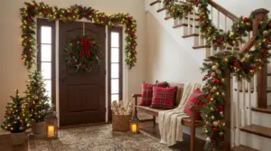 Ingresso decorato per Natale con ghirlande luminose, cuscini rossi e albero natalizio