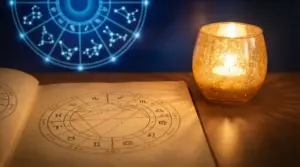 Carta astrologica accanto a una candela accesa e simboli zodiacali sullo sfondo