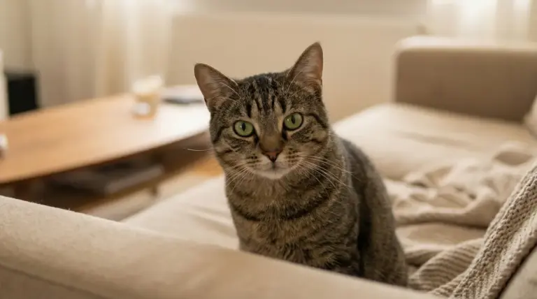 Gatto tigrato che fissa intensamente l'obiettivo in un ambiente domestico