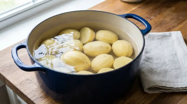 Patate sbucciate immerse in acqua fredda dentro una pentola su un piano di legno