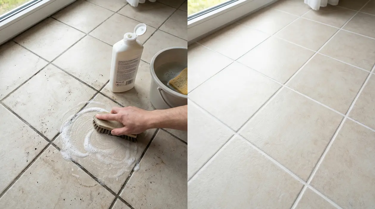 Pulizia delle fughe del pavimento con spazzola e prodotto detergente