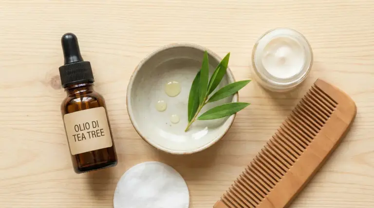 Bottiglietta di olio di tea tree su tavolo con pettine, crema e foglie verdi