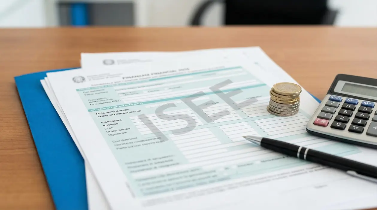 Documenti ISEE su una scrivania con penna, calcolatrice e monete