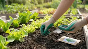 Mani con guanti piantano semi in un orto con piantine verdi