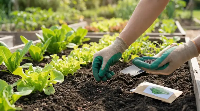 Mani con guanti piantano semi in un orto con piantine verdi