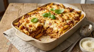 Pasta al forno con besciamella e ragù in una teglia di ceramica su un tavolo rustico