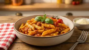 Piatto di penne alla sciaguratella con sugo di pomodoro e basilico fresco
