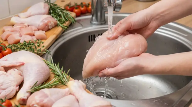Una persona tiene un petto di pollo crudo sotto l'acqua corrente in cucina