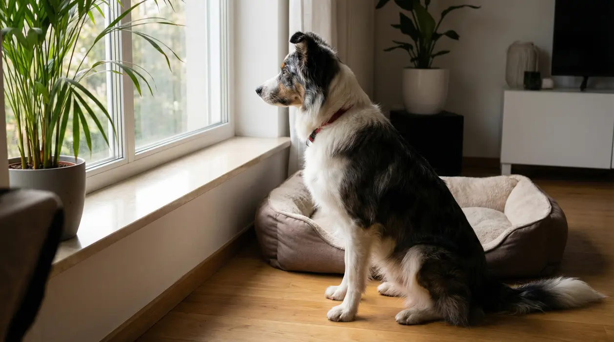 Cane seduto accanto a una finestra che guarda fuori da casa
