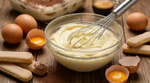 Ciotola di crema al mascarpone con frusta accanto a uova, savoiardi e cacao su tavolo in legno