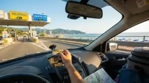 Interno di un'auto in prossimità di un casello autostradale con vista sul mare