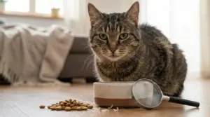 Gatto tigrato seduto vicino a una ciotola con crocchette e vermi sul pavimento