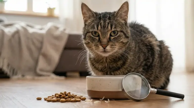 Gatto tigrato seduto vicino a una ciotola con crocchette e vermi sul pavimento