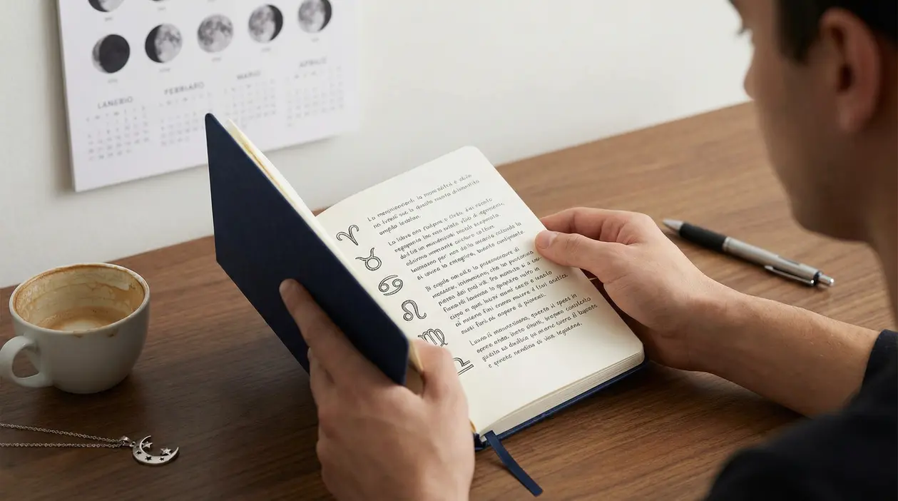 Persona che consulta un libro di astrologia con simboli zodiacali su un tavolo.
