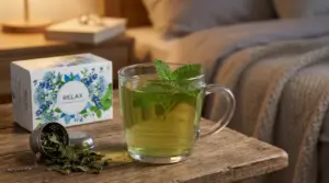 Tazza di tisana alla melissa su un comodino accanto a una confezione di infuso e un letto