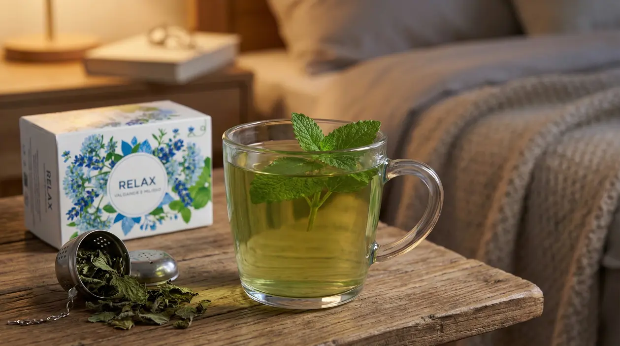Tazza di tisana alla melissa su un comodino accanto a una confezione di infuso e un letto