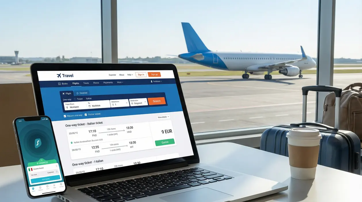 Laptop con sito di prenotazione voli e smartphone con app VPN in un aeroporto