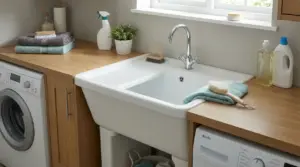 Vasca da bucato bianca integrata in un piano di lavoro in legno con lavatrice e accessori per il lavaggio
