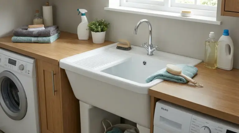 Vasca da bucato bianca integrata in un piano di lavoro in legno con lavatrice e accessori per il lavaggio