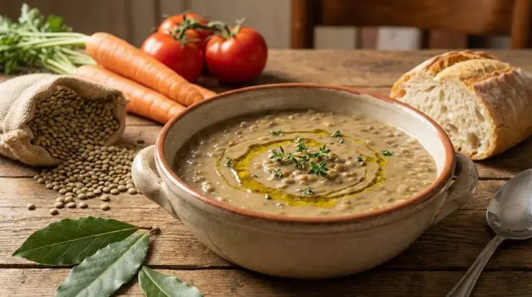 Zuppa di lenticchie con olio d'oliva servita in una ciotola rustica su tavolo di legno